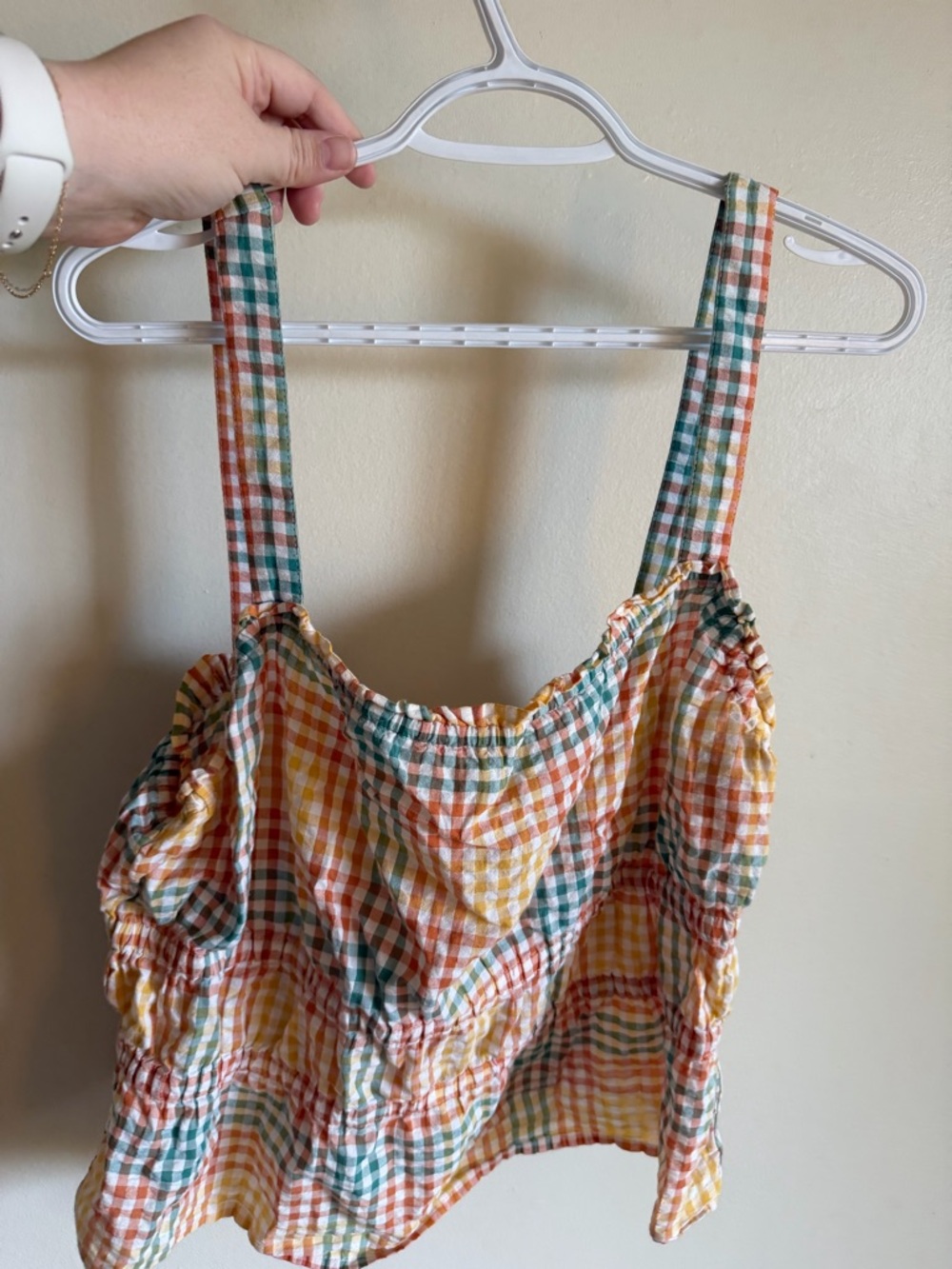 Gingham Ruffled Summer Tank Top in Light Pastel Rainbow